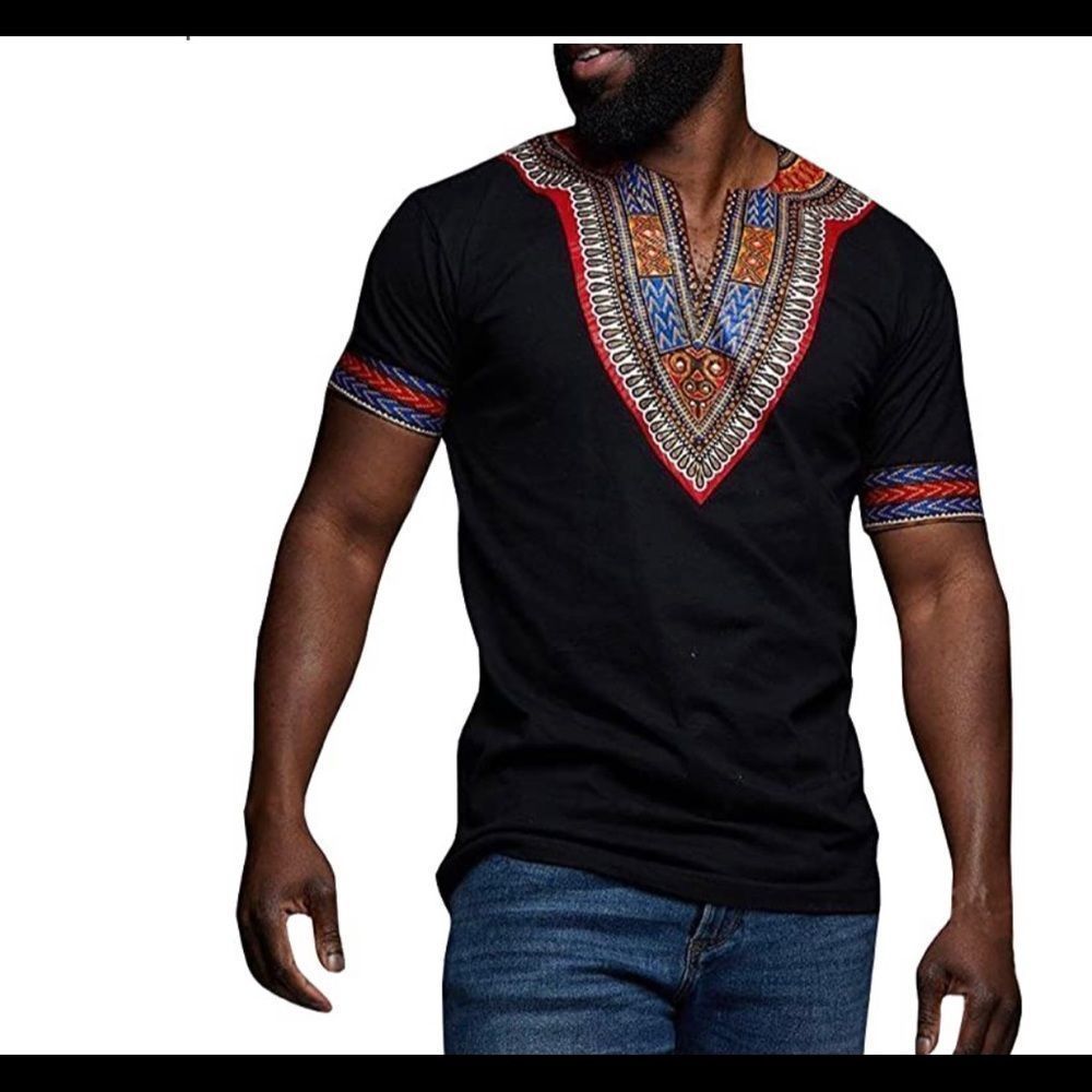 Black African Dashiki T Shirt Tribal Floral Print V Neck Slim Fit Shirts Tops​​